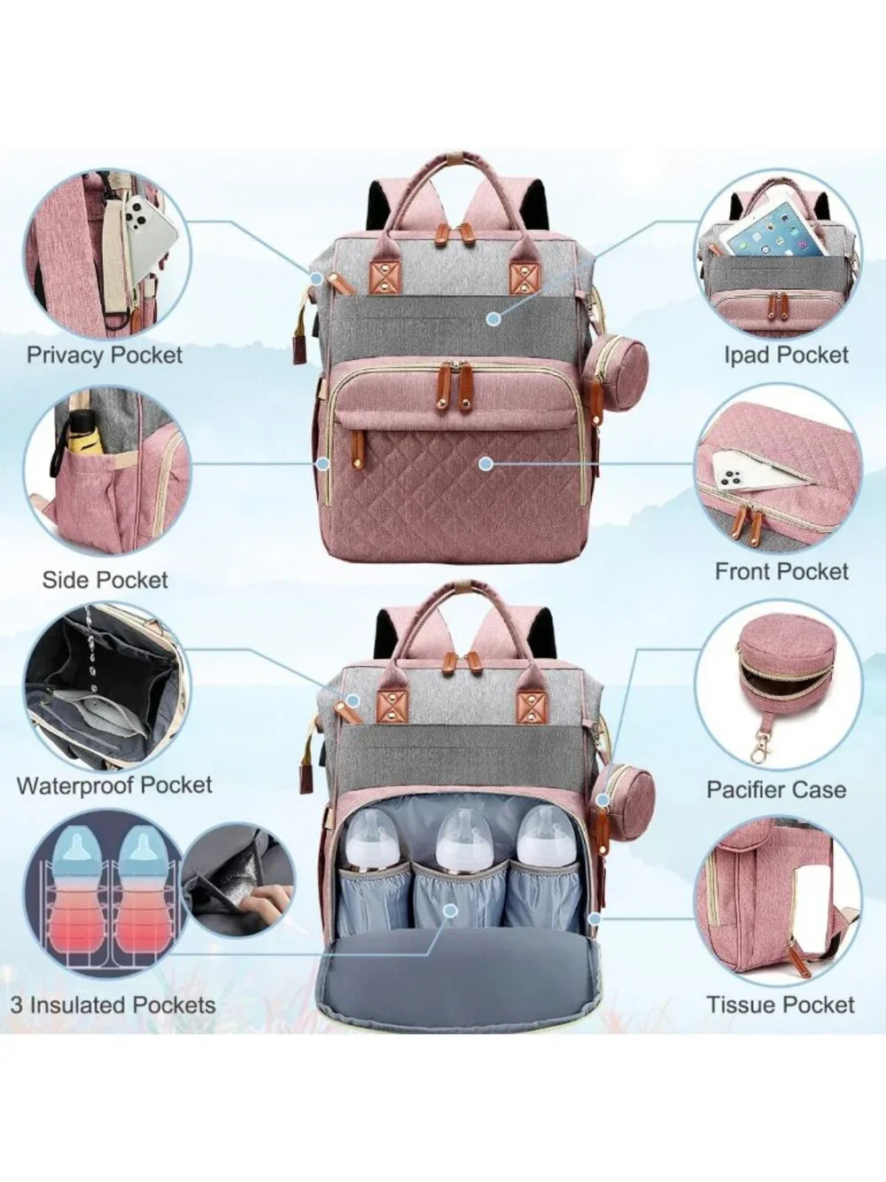 Stylish Diaper Bag Backpack for Baby, 16 Pockets, Unisex Travel Bag with